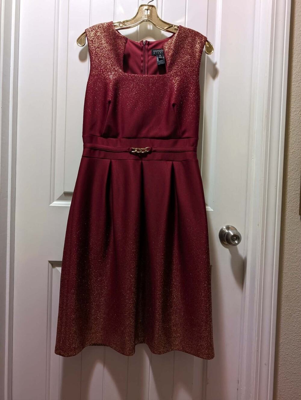 Enfocus Burgundy Red Gold Fit Flare Cocktail Party Christmas Dress Size Size 10